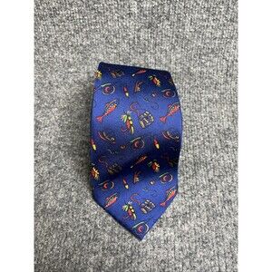 Lauren Ralph Lauren 100% Silk Tie Fisherman Lures Novelty Print Blue
